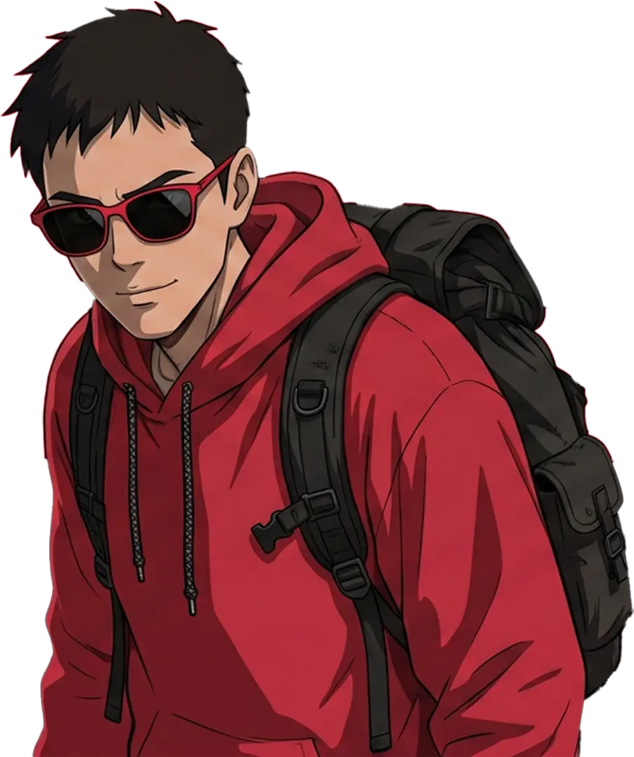 Momo Hero Guy with a backpack and glasses